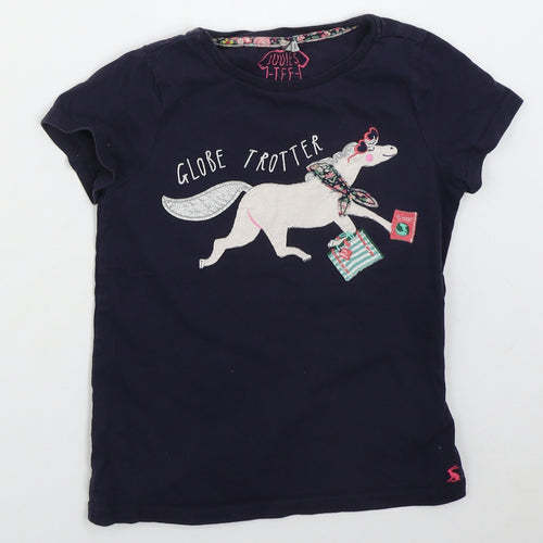Joules Girls Blue  Cotton Basic T-Shirt Size 9-10 Years Crew Neck Pullover - Globe Trotter