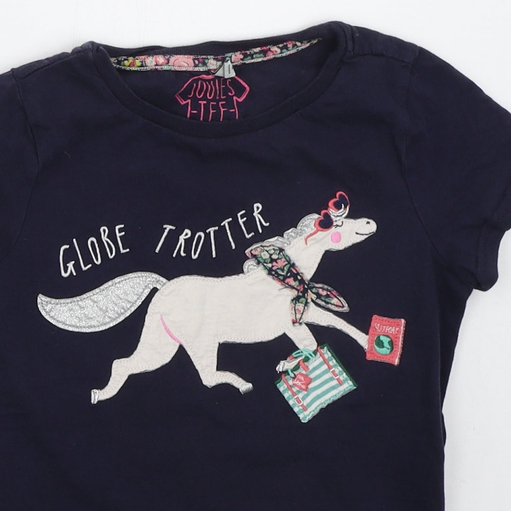 Joules Girls Blue  Cotton Basic T-Shirt Size 9-10 Years Crew Neck Pullover - Globe Trotter