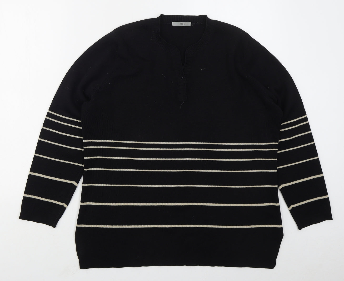 Marks and Spencer Womens Black V-Neck Striped Acrylic Pullover Jumper Size 20