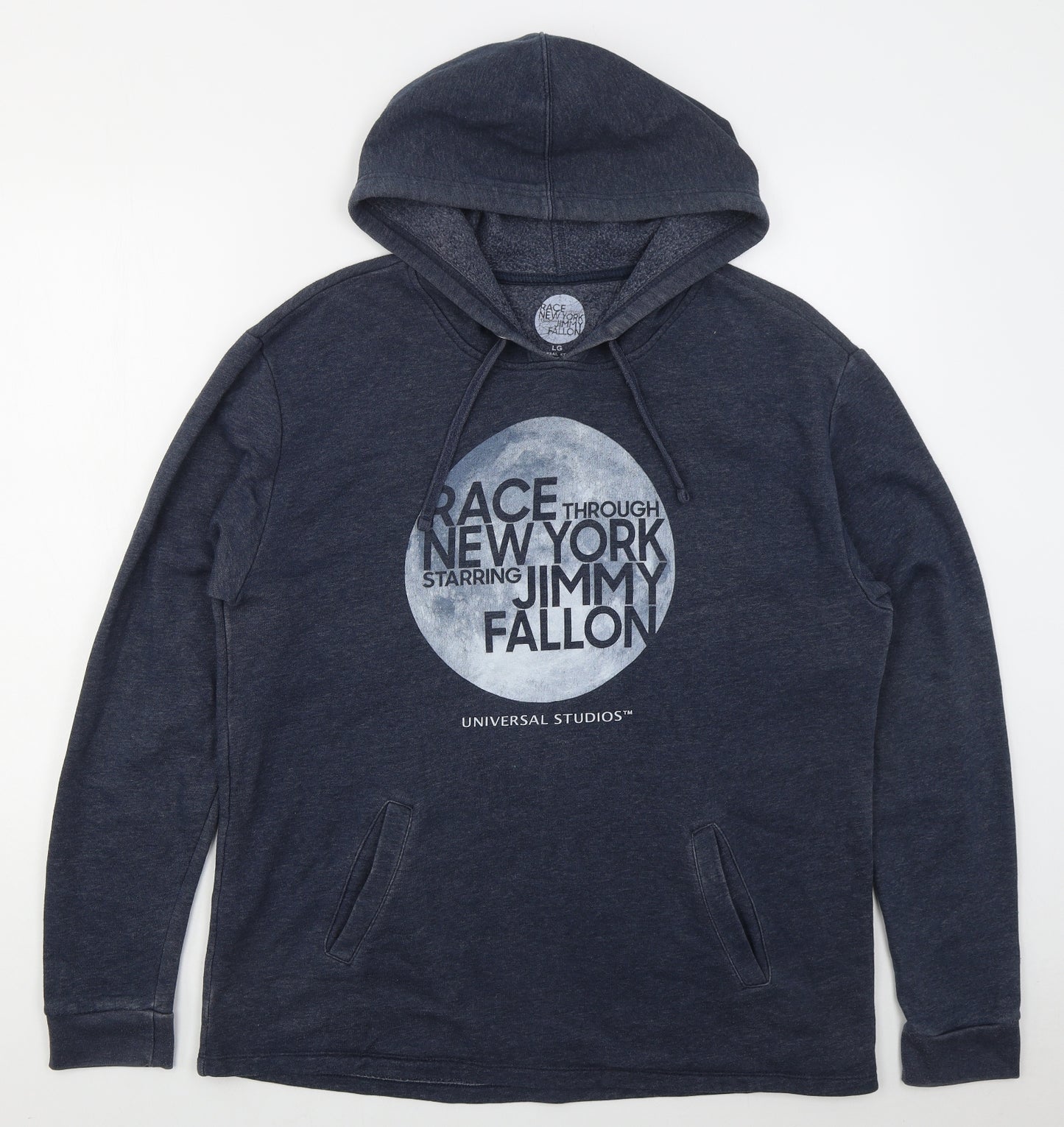 Universal Studios Mens Blue  Cotton Pullover Hoodie Size L   - Race Through New York Jimmy Fallon