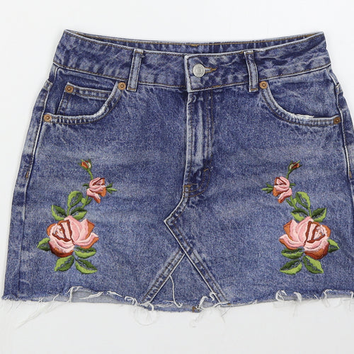 Topshop Womens Blue Floral Cotton Mini Skirt Size 8   Button
