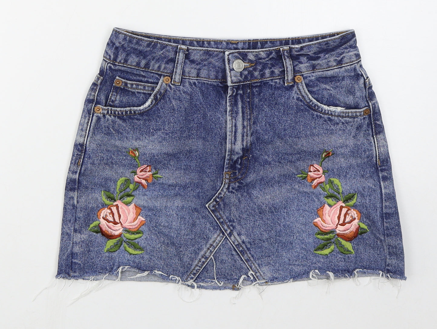 Topshop Womens Blue Floral Cotton Mini Skirt Size 8   Button