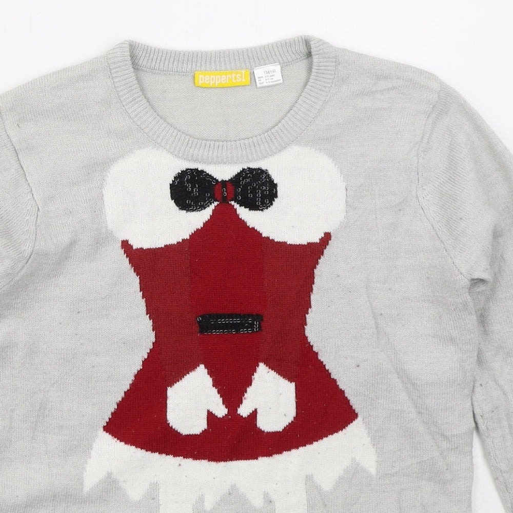 Pepperts Girls Grey Crew Neck  Acrylic Pullover Jumper Size 8-9 Years  Pullover - Mrs Claus