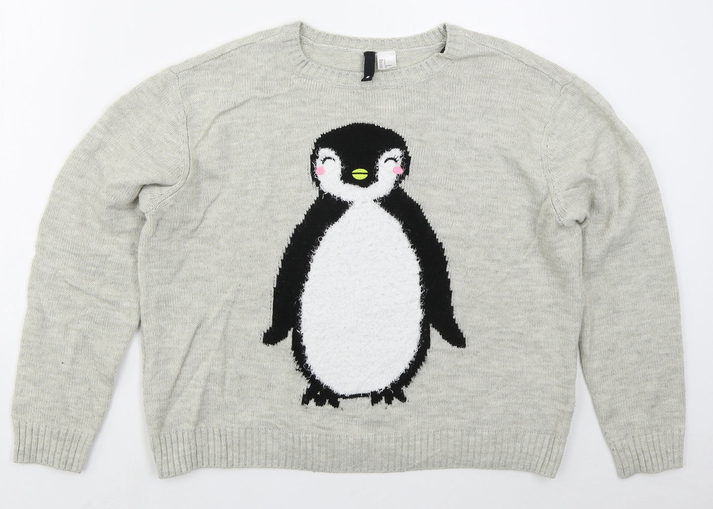 H&M Womens Grey Crew Neck  Acrylic Pullover Jumper Size S   - Penguin
