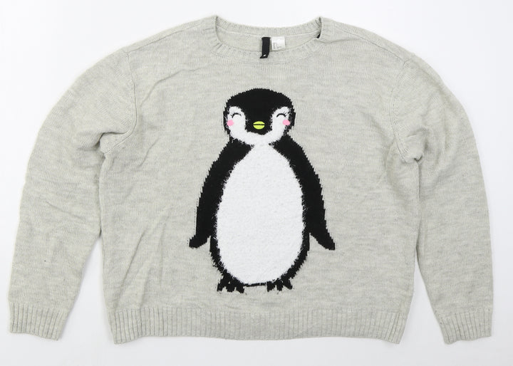 H&M Womens Grey Crew Neck  Acrylic Pullover Jumper Size S   - Penguin