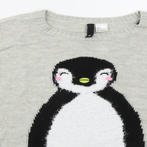 H&M Womens Grey Crew Neck  Acrylic Pullover Jumper Size S   - Penguin