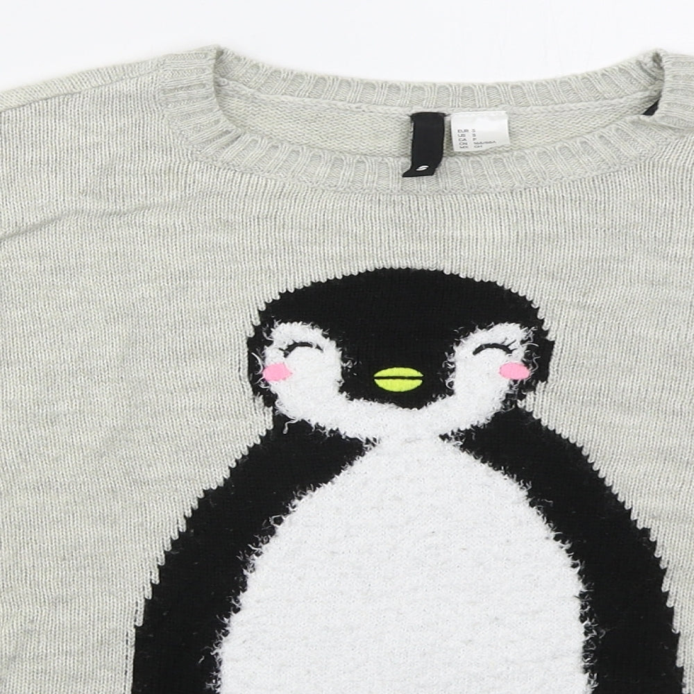 H&M Womens Grey Crew Neck  Acrylic Pullover Jumper Size S   - Penguin