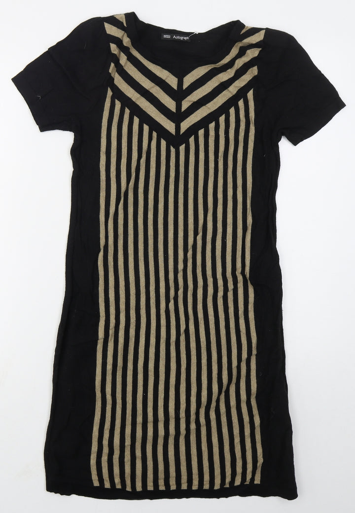 Marks and Spencer Womens Black Striped Acrylic Jumper Dress Size 10 Crew Neck Pullover