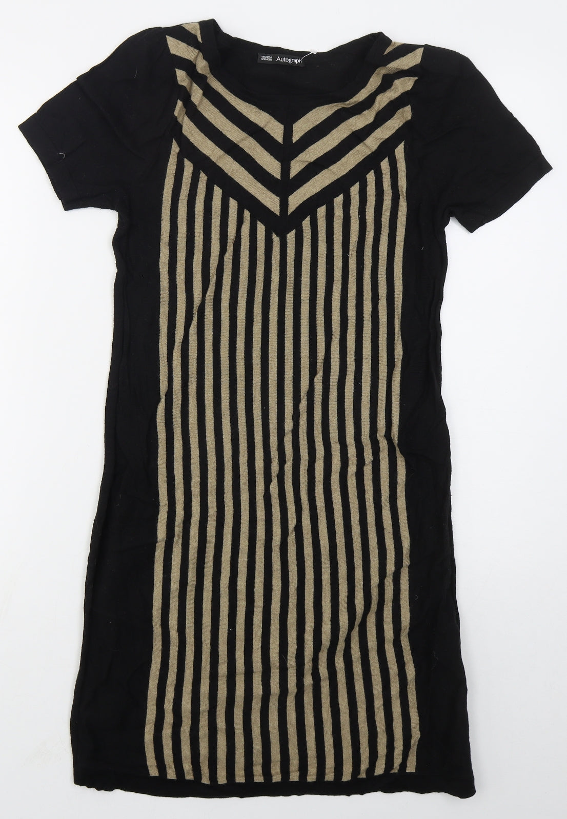 Marks and Spencer Womens Black Striped Acrylic Jumper Dress  Size 10  Crew Neck Pullover