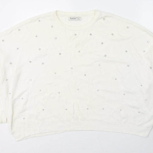Stradivarius Womens White Round Neck  Cotton Pullover Jumper Size L