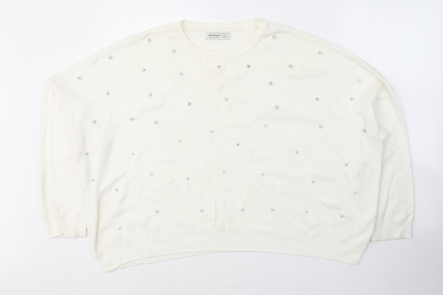 Stradivarius Womens White Round Neck  Cotton Pullover Jumper Size L