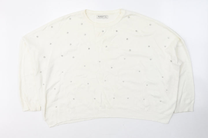 Stradivarius Womens White Round Neck  Cotton Pullover Jumper Size L