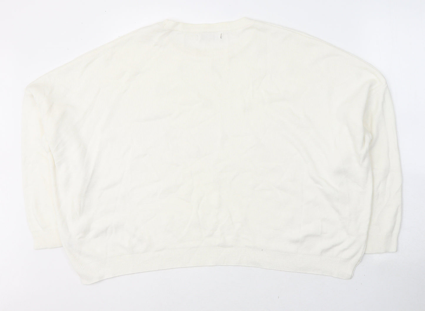 Stradivarius Womens White Round Neck  Cotton Pullover Jumper Size L