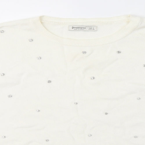Stradivarius Womens White Round Neck  Cotton Pullover Jumper Size L