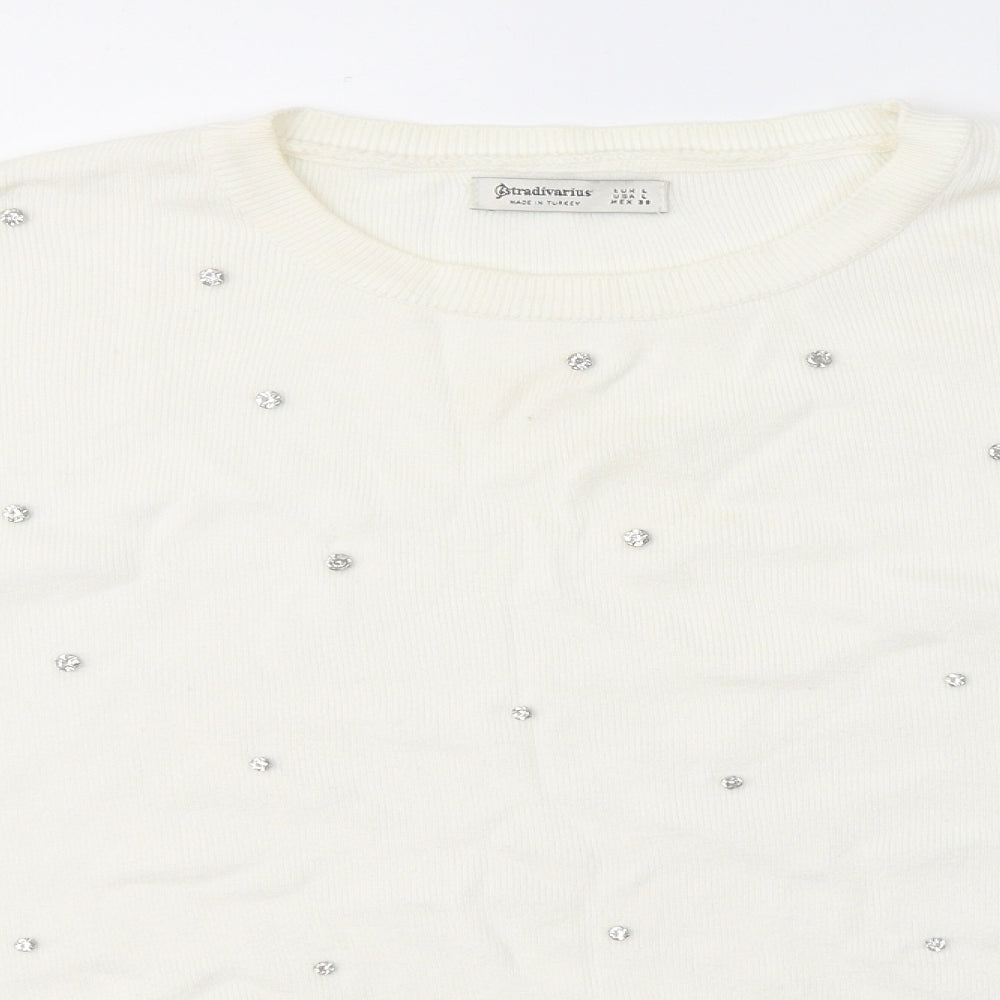 Stradivarius Womens White Round Neck  Cotton Pullover Jumper Size L