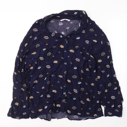 TU Womens Blue Geometric Viscose Basic Button-Up Size 10 Collared
