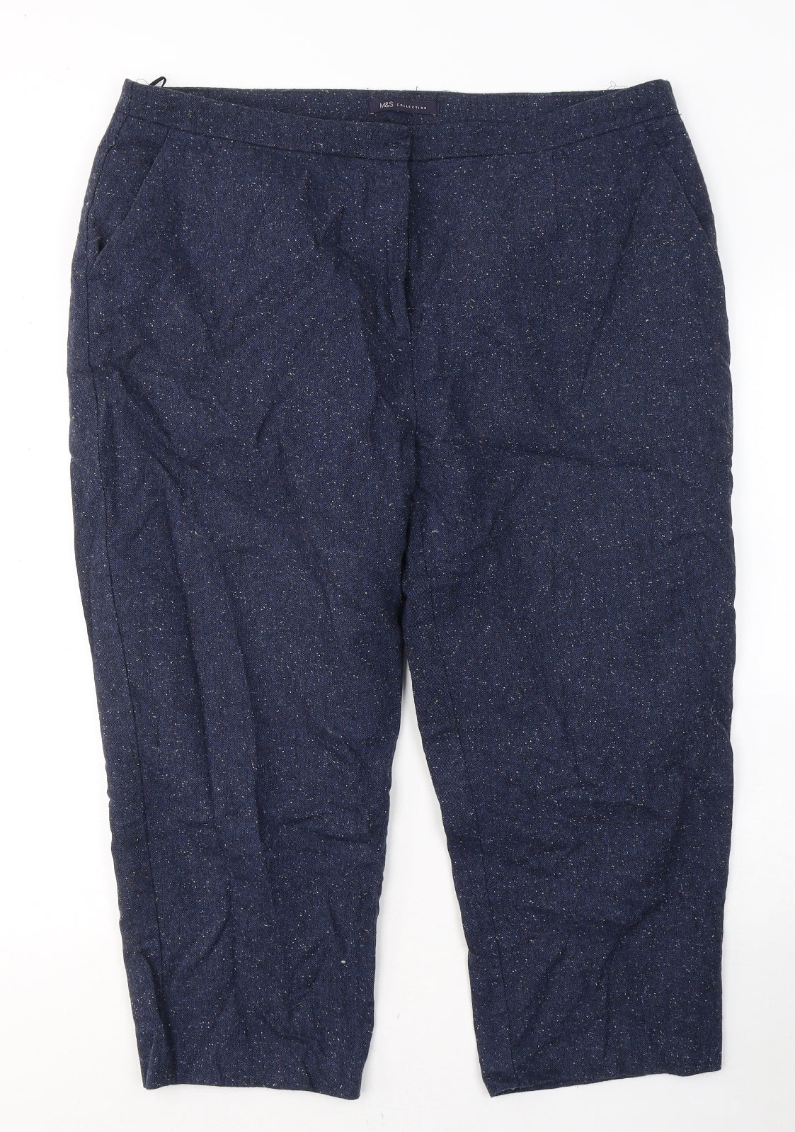 Marks and Spencer Womens Blue  Wool Cropped Trousers Size 18 L21 in Regular Button