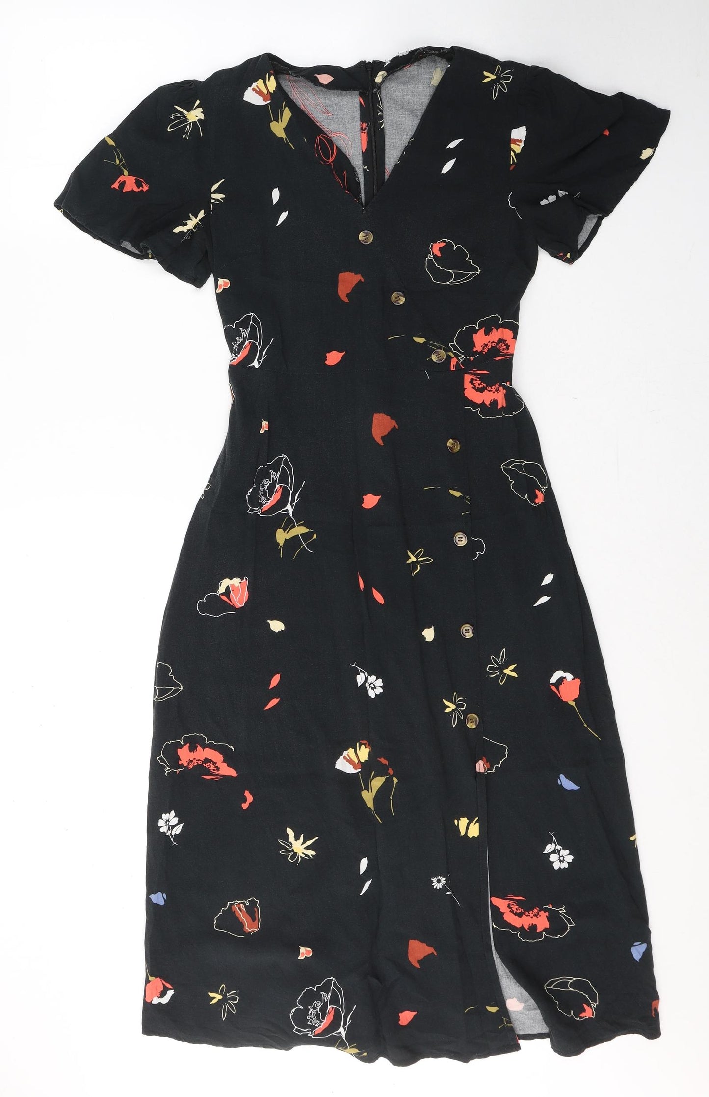 Warehouse Womens Black Floral Viscose Maxi  Size 8  V-Neck Button