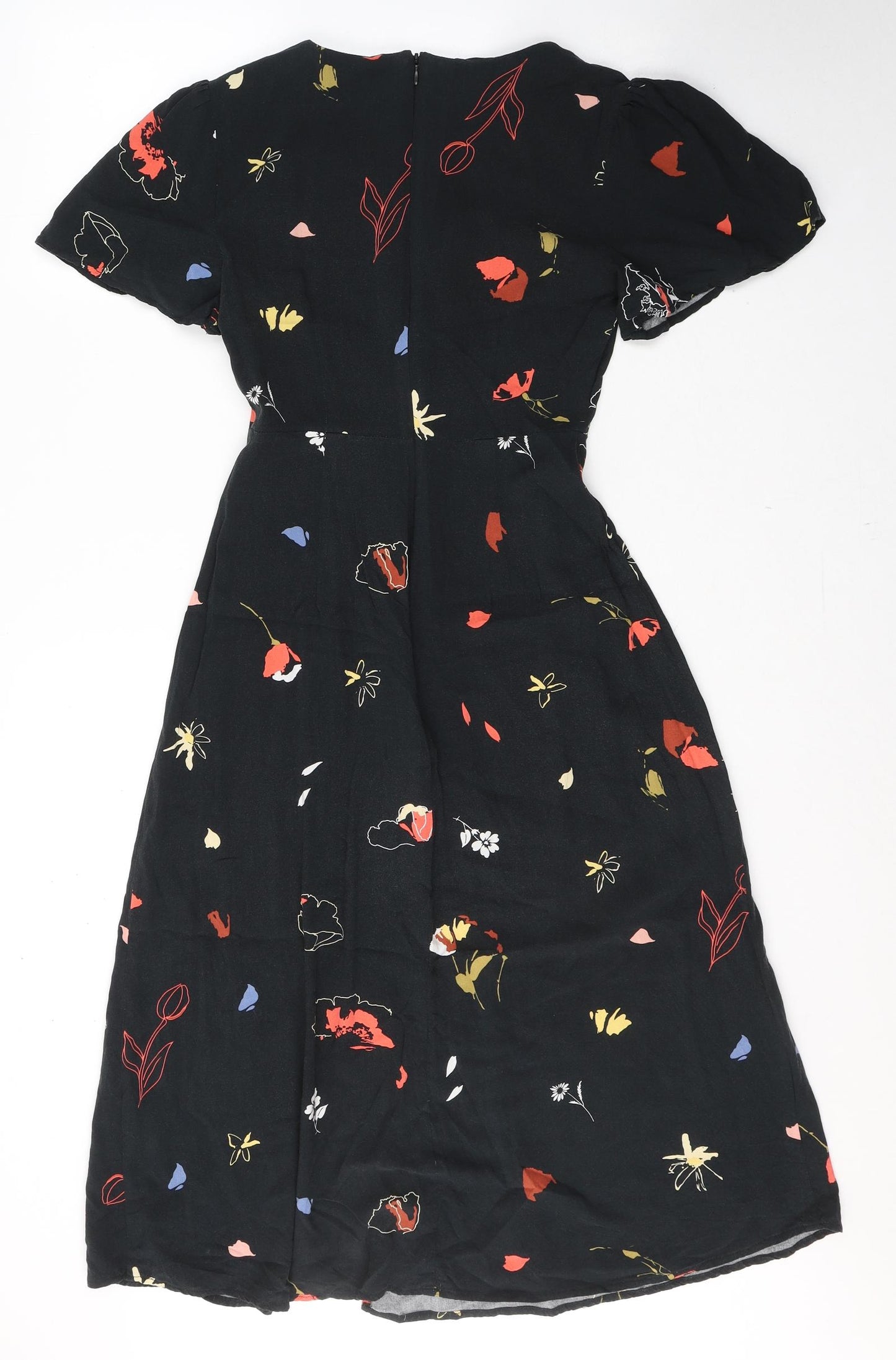 Warehouse Womens Black Floral Viscose Maxi  Size 8  V-Neck Button