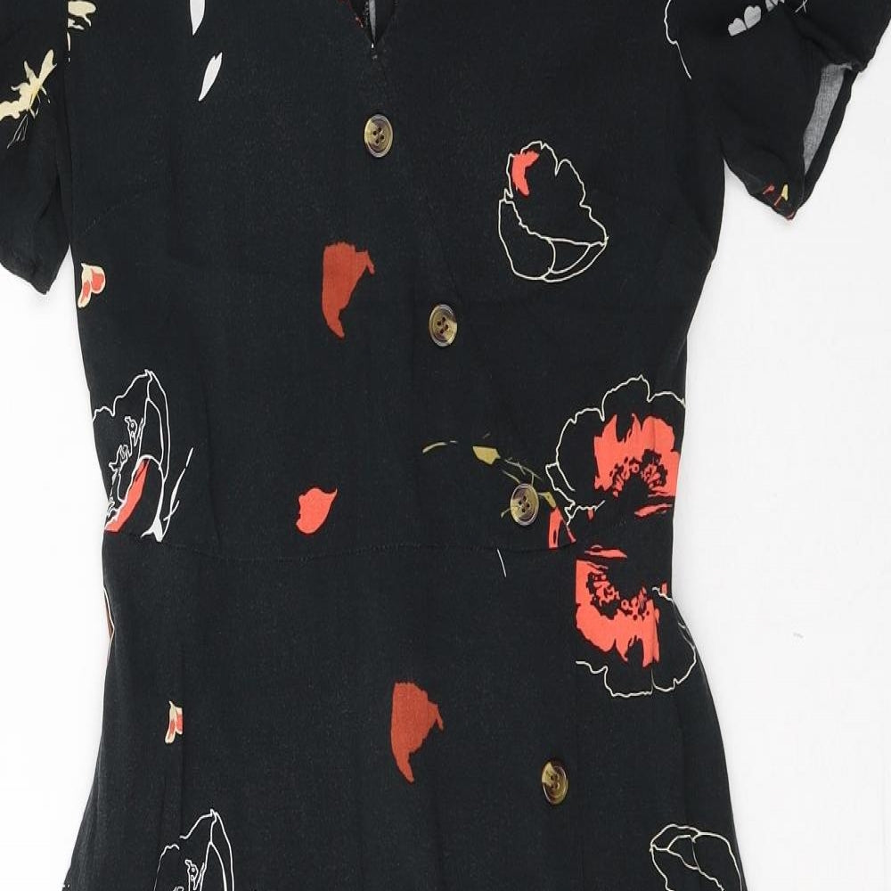 Warehouse Womens Black Floral Viscose Maxi  Size 8  V-Neck Button