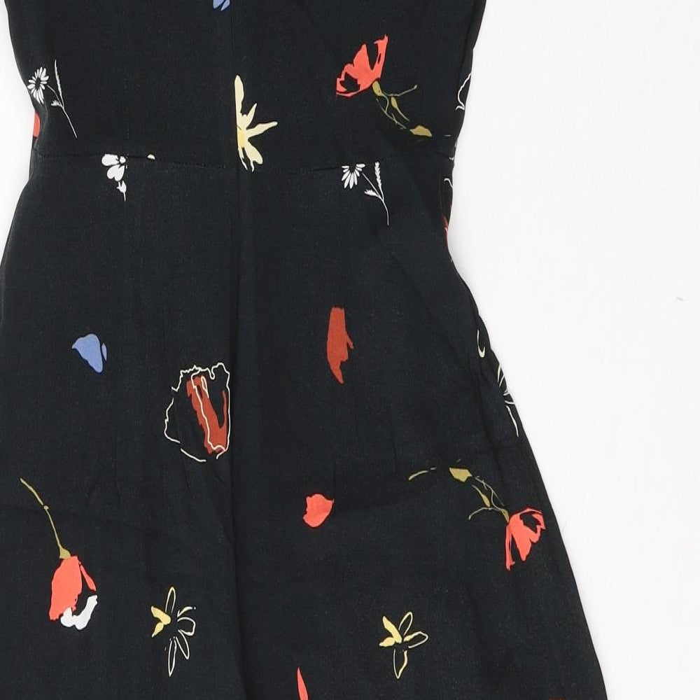 Warehouse Womens Black Floral Viscose Maxi  Size 8  V-Neck Button