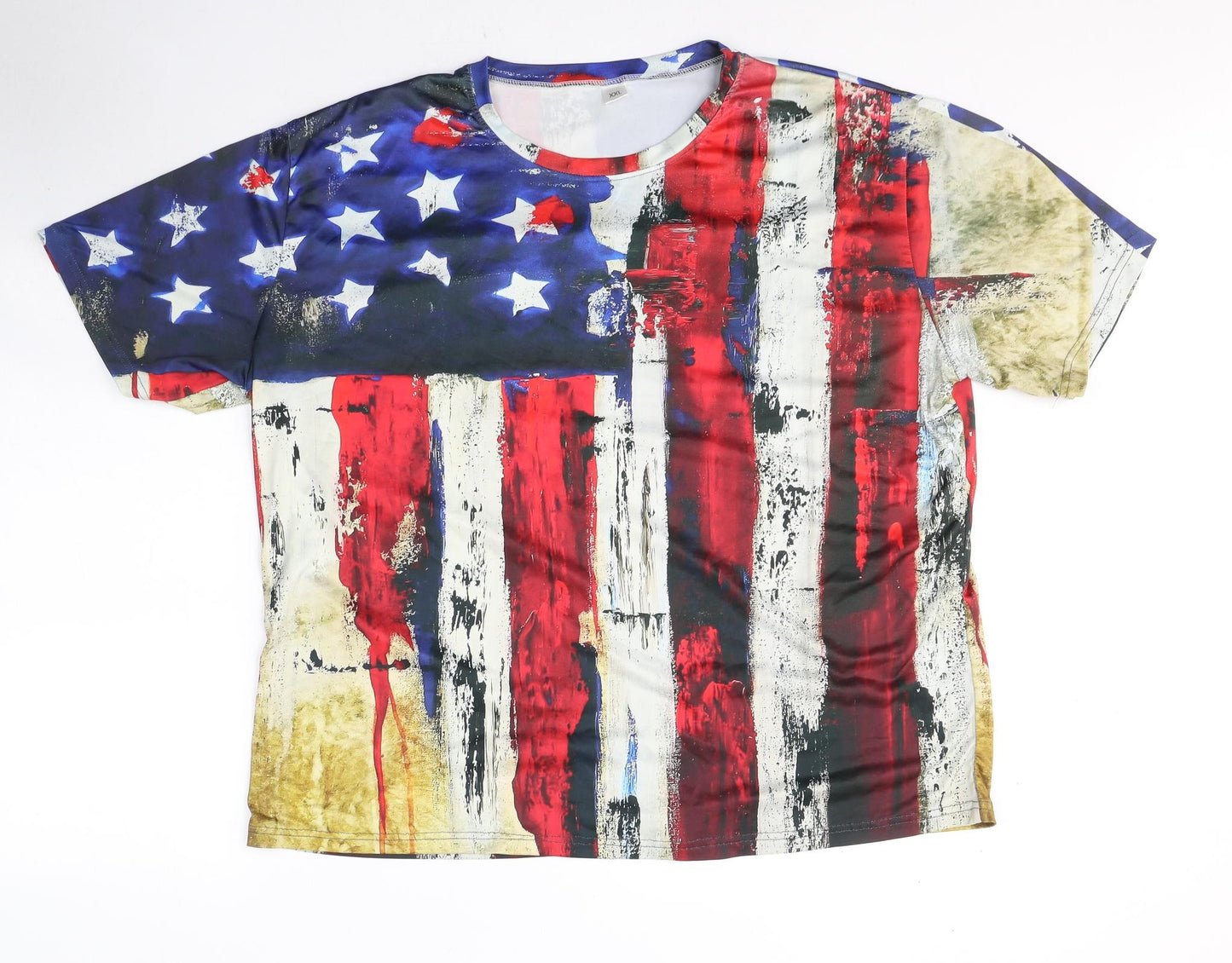 Preworn Mens Multicoloured Geometric Polyester  T-Shirt Size 2XL Round Neck  - American flag