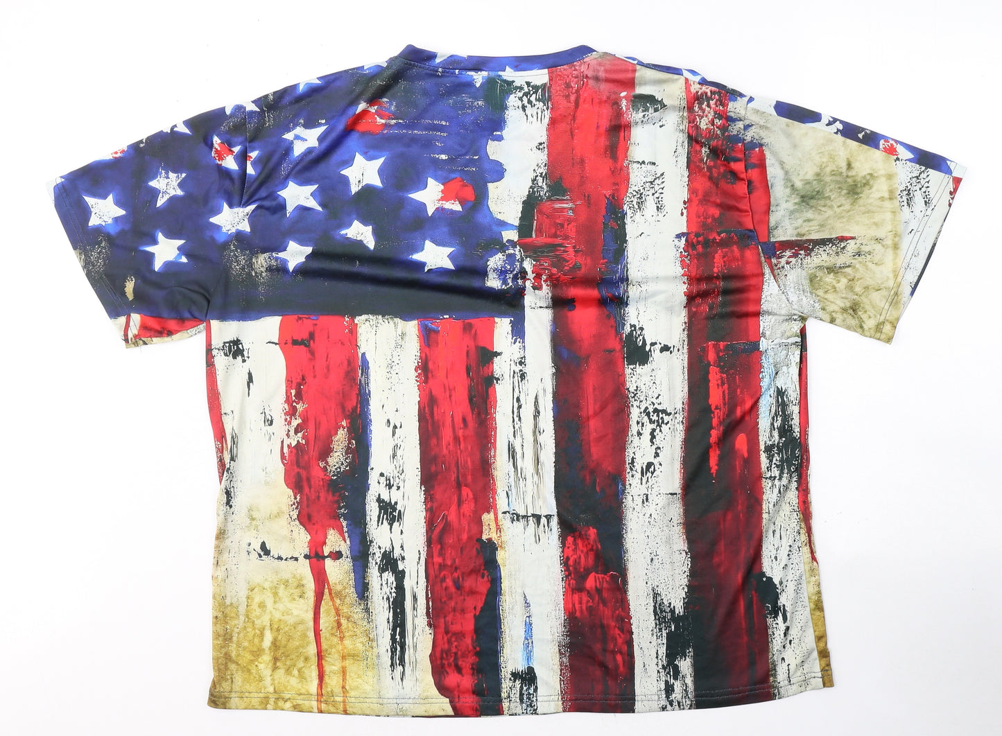 Preworn Mens Multicoloured Geometric Polyester  T-Shirt Size 2XL Round Neck  - American flag