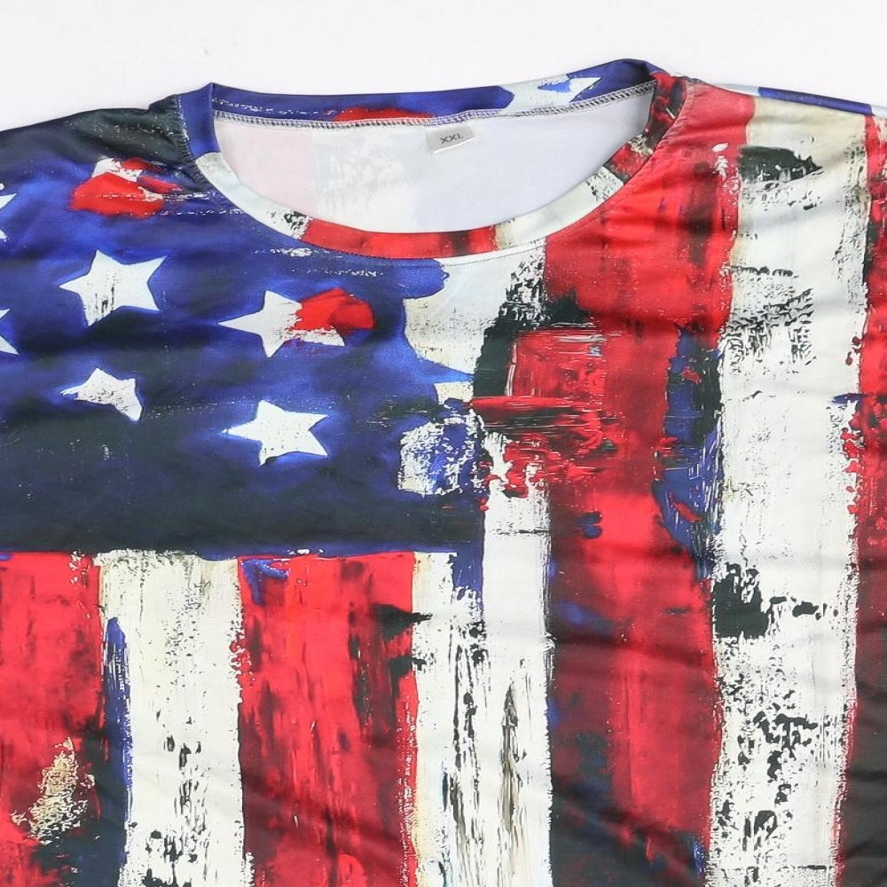 Preworn Mens Multicoloured Geometric Polyester  T-Shirt Size 2XL Round Neck  - American flag
