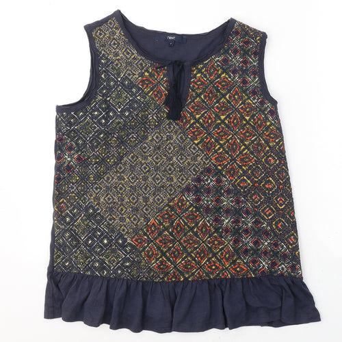NEXT Womens Blue Geometric Cotton Basic Tank Size 12 Round Neck