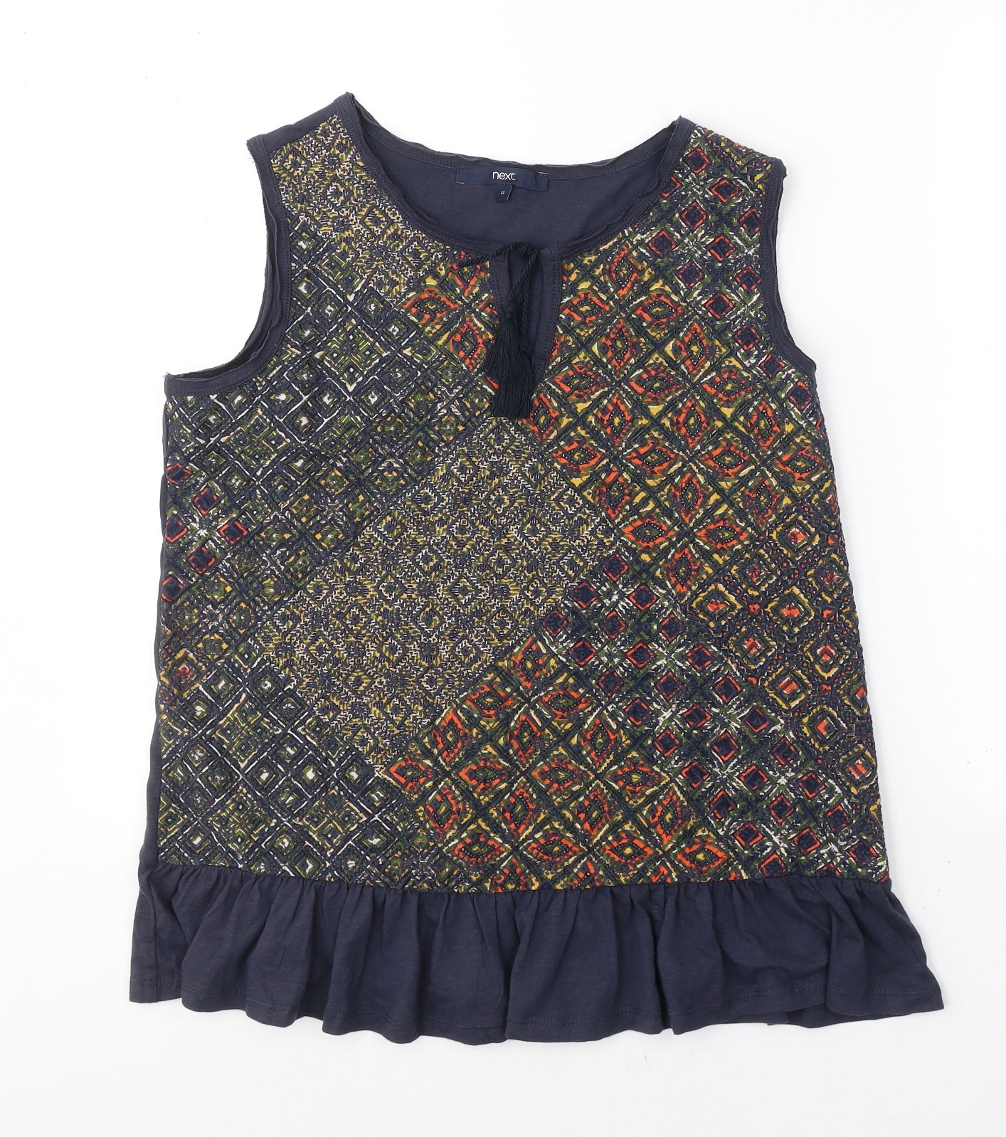 NEXT Womens Blue Geometric Cotton Basic Tank Size 12 Round Neck