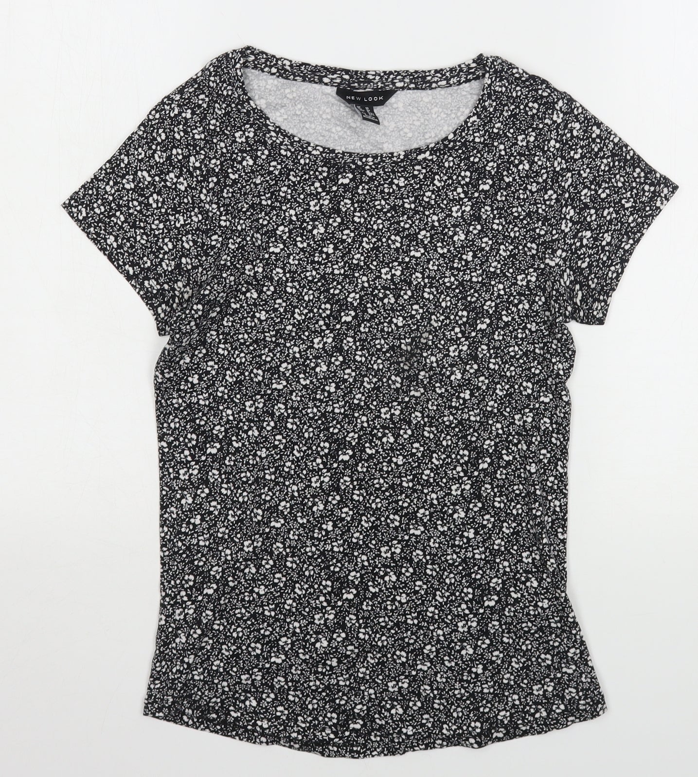 New Look Womens Black Floral Cotton Basic T-Shirt Size 10 Round Neck