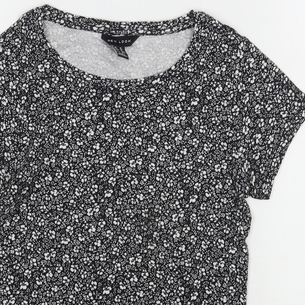 New Look Womens Black Floral Cotton Basic T-Shirt Size 10 Round Neck