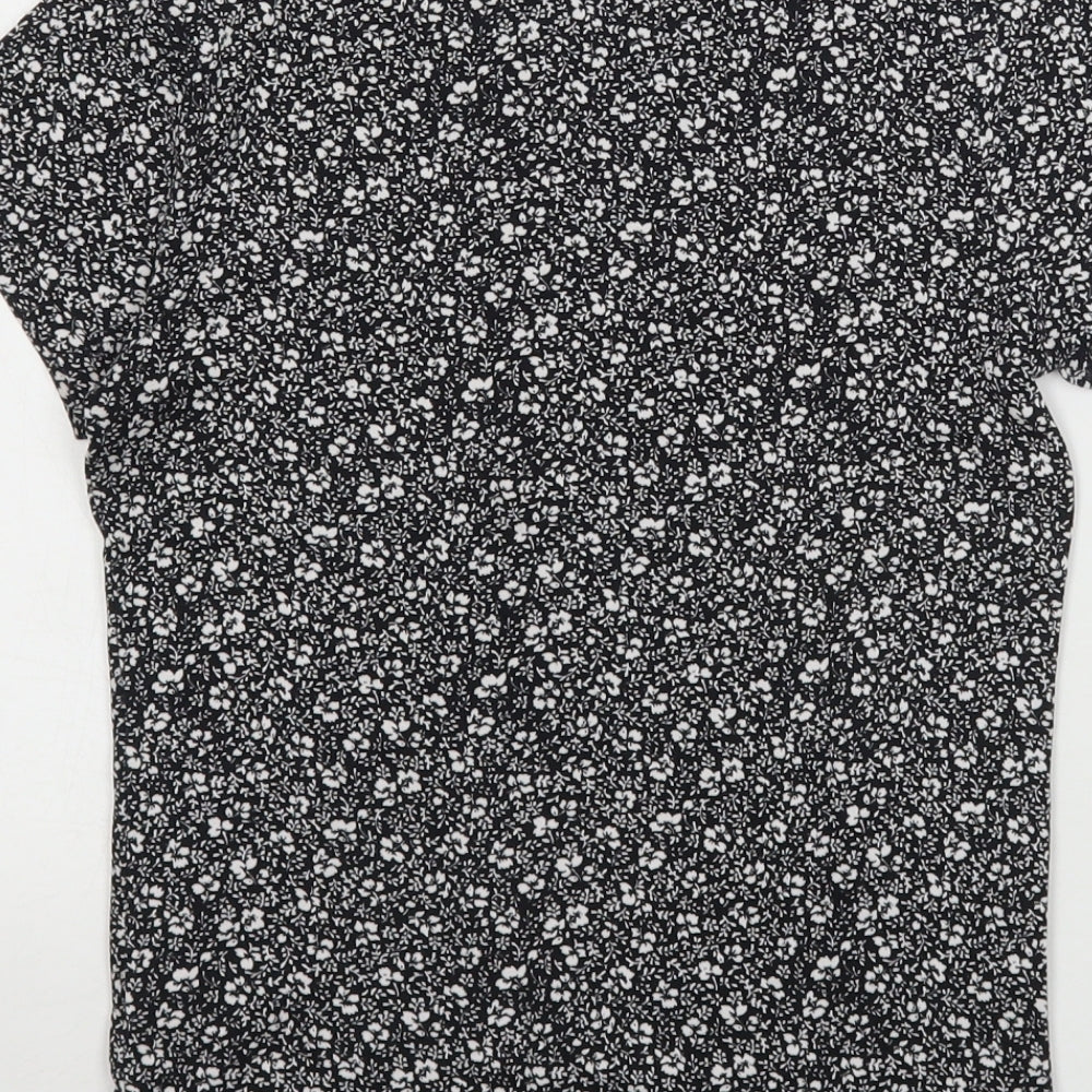 New Look Womens Black Floral Cotton Basic T-Shirt Size 10 Round Neck