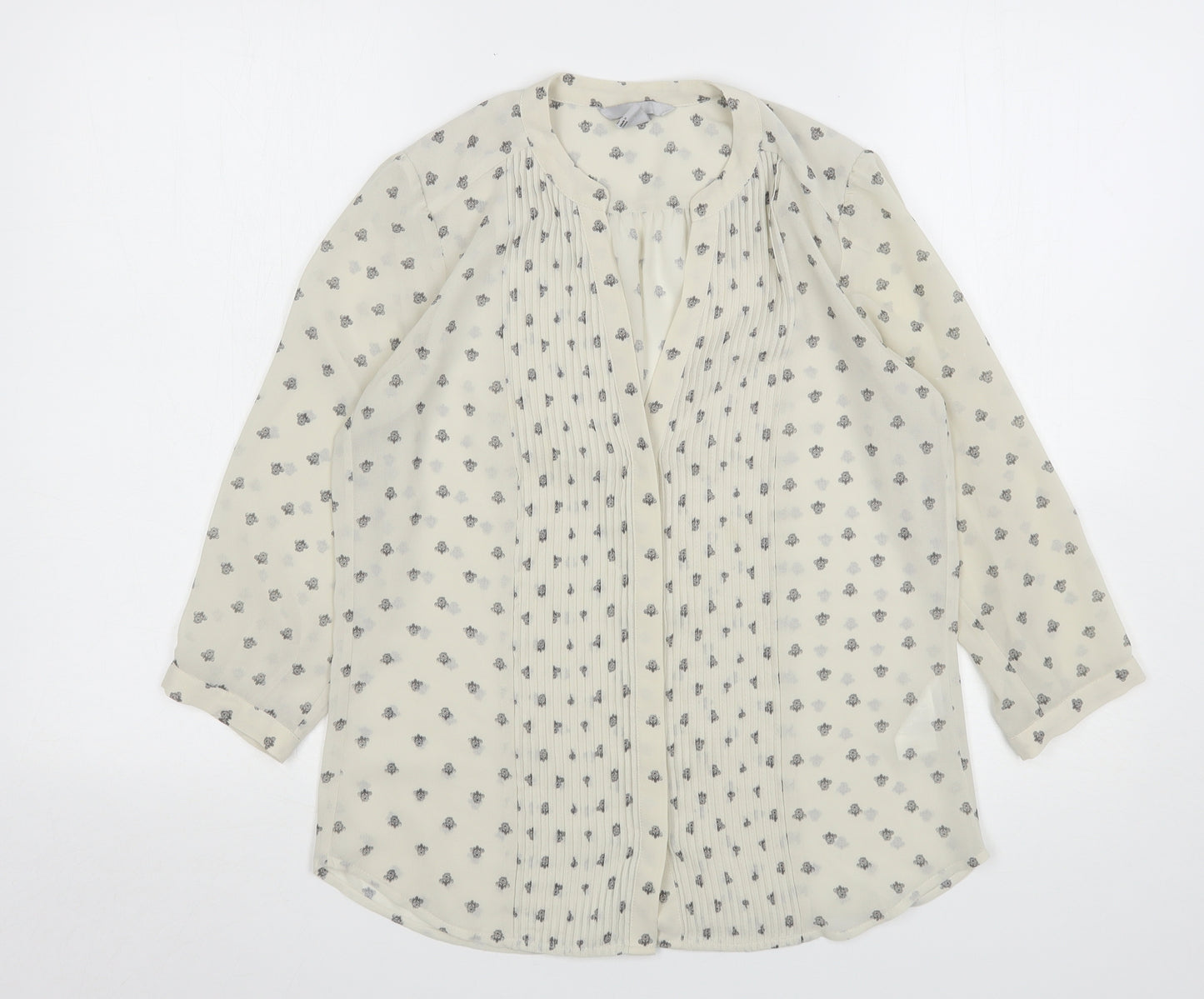 H&M Womens Beige Geometric Polyester Basic Button-Up Size 6 V-Neck