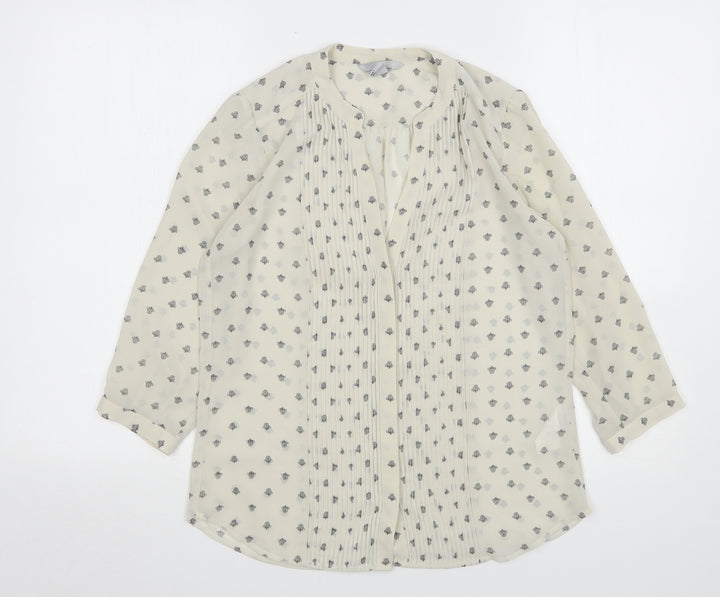 H&M Womens Beige Geometric Polyester Basic Button-Up Size 6 V-Neck