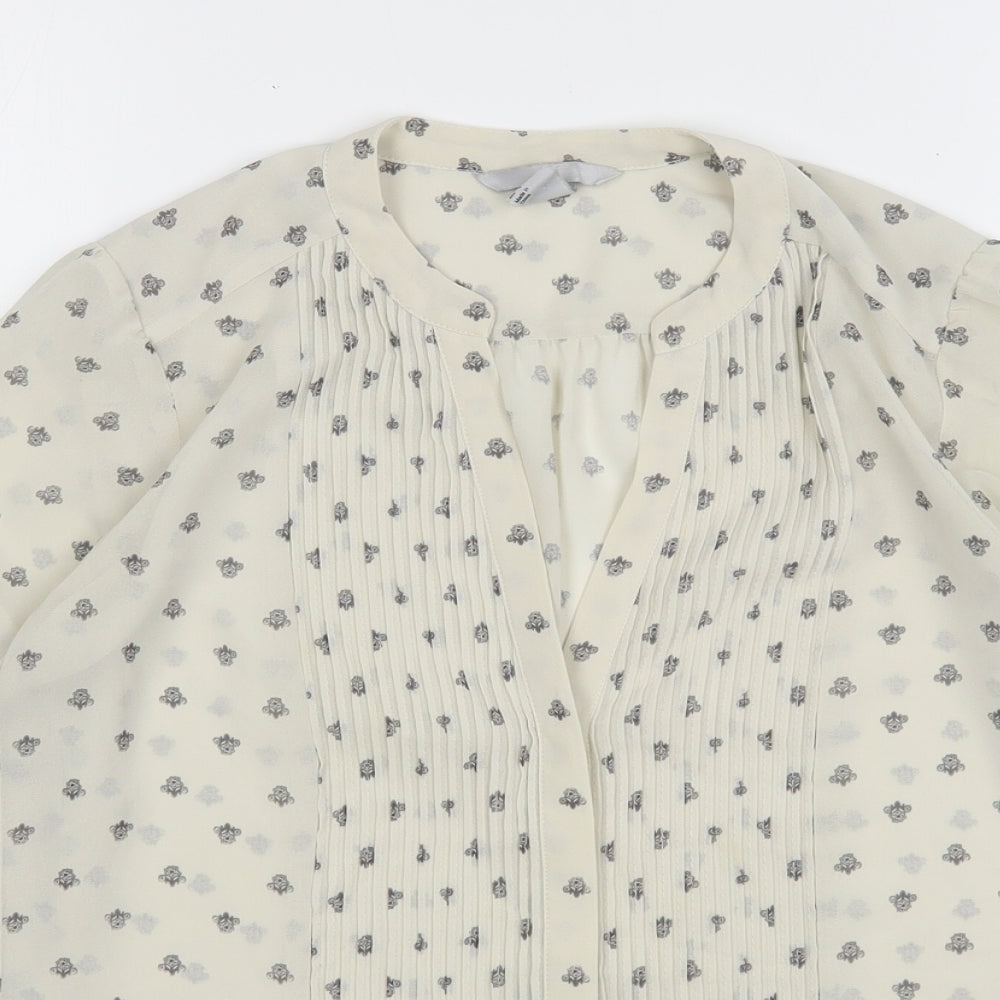 H&M Womens Beige Geometric Polyester Basic Button-Up Size 6 V-Neck