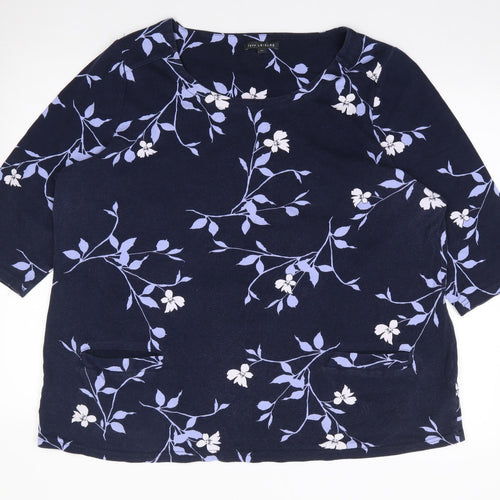 Love Liesure Womens Blue Floral 100% Cotton Jersey T-Shirt Size 24 Round Neck