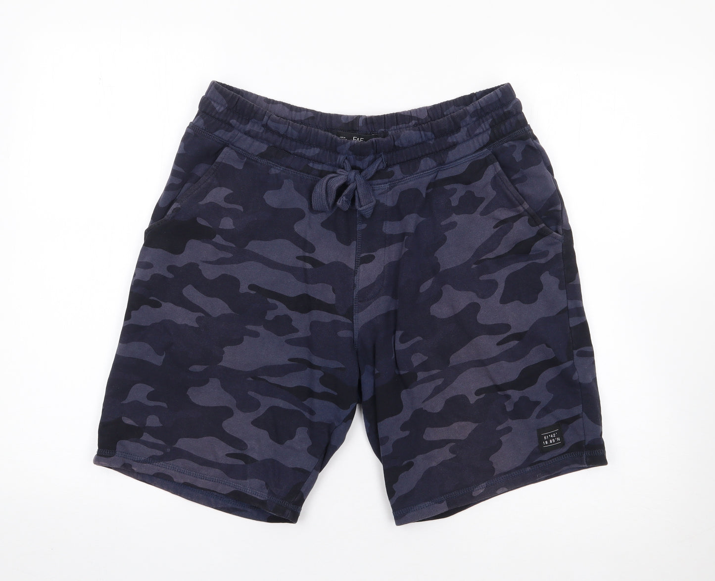 F&F Mens Blue Camouflage Cotton Sweat Shorts Size M L8 in Regular Drawstring