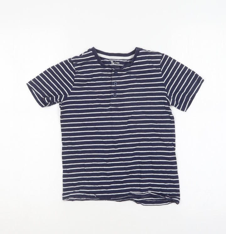 TU Boys Blue Striped Cotton Basic T-Shirt Size 8 Years Round Neck