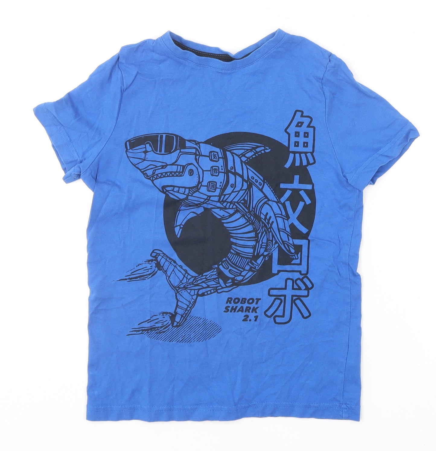 F&F Boys Blue  Cotton Basic T-Shirt Size 8-9 Years Round Neck  - Robot Shark