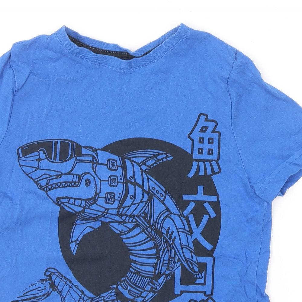 F&F Boys Blue  Cotton Basic T-Shirt Size 8-9 Years Round Neck  - Robot Shark