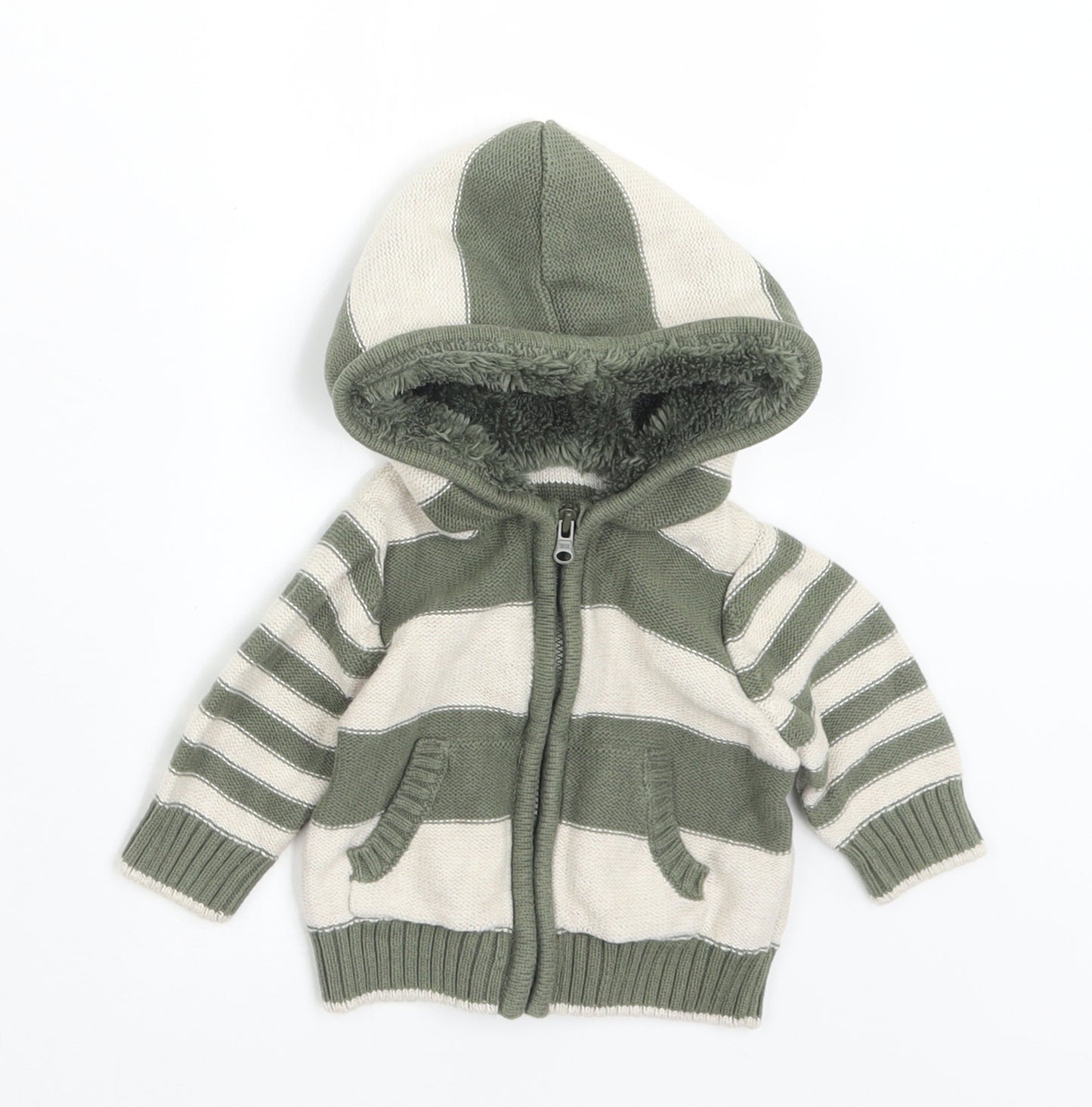 George Boys Green Striped Cotton Pullover Jumper Size 0-3 Months  Zip
