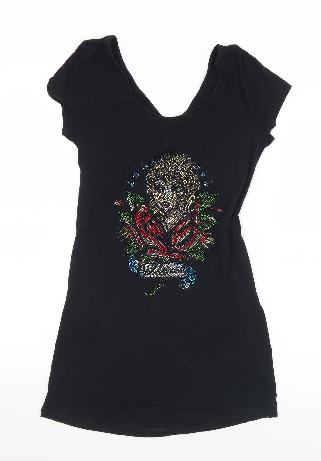 Ed Hardy Womens Black  Viscose Basic T-Shirt Size L Scoop Neck - studded detail