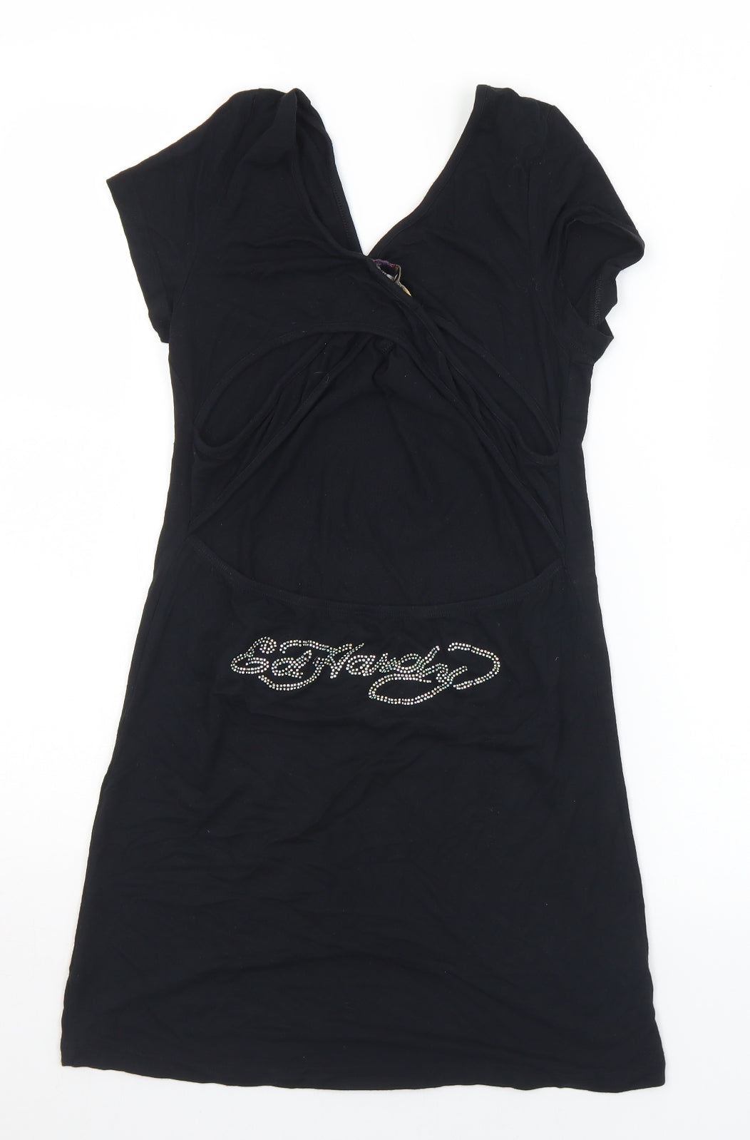 Ed Hardy Womens Black  Viscose Basic T-Shirt Size L Scoop Neck - studded detail