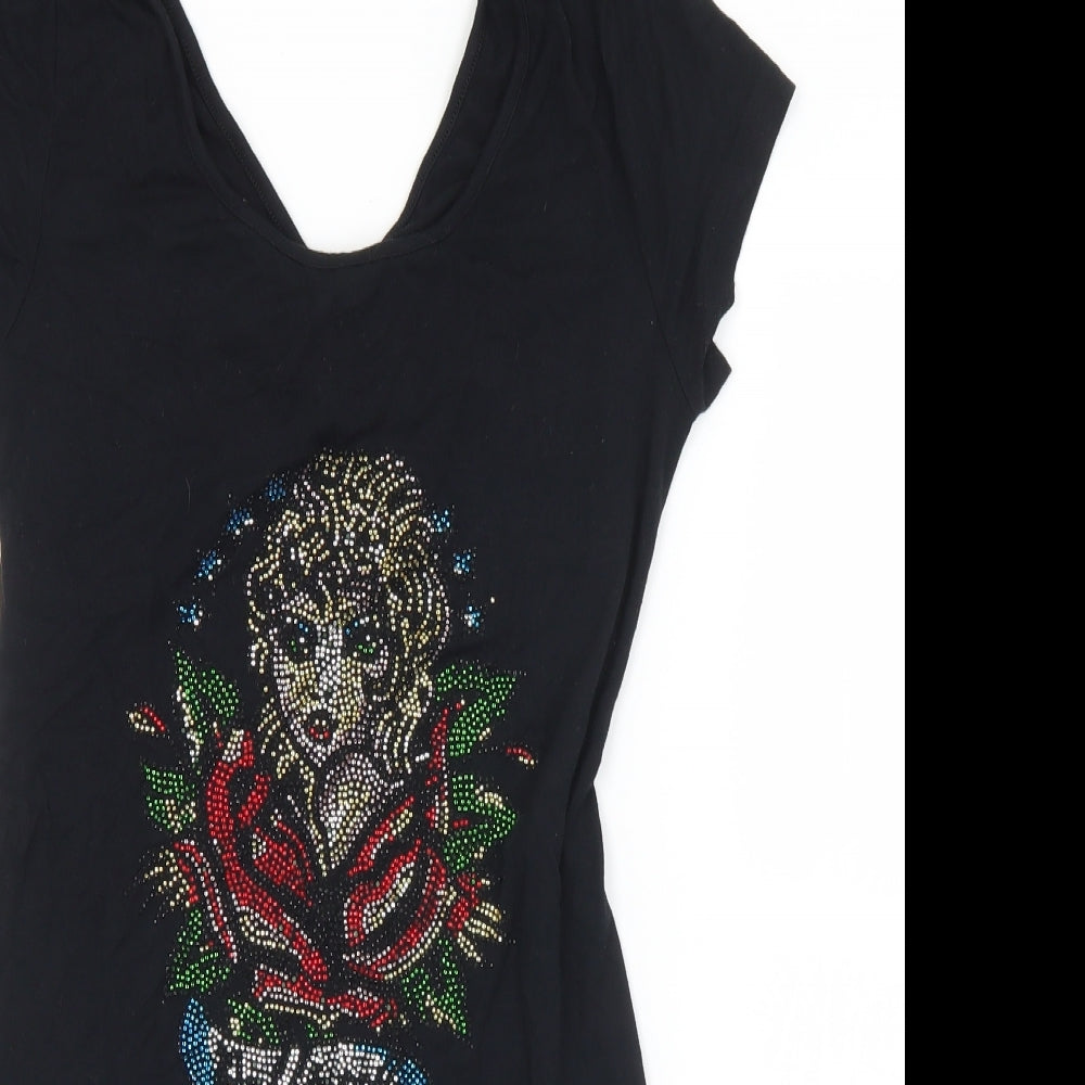 Ed Hardy Womens Black  Viscose Basic T-Shirt Size L Scoop Neck - studded detail