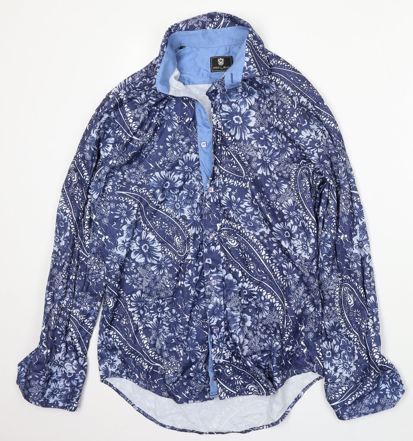 Steel & Jelly Mens Blue Floral Cotton  Button-Up Size M Collared Button