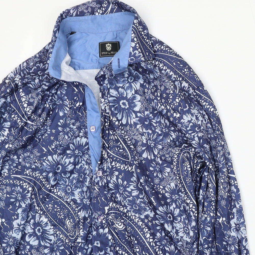 Steel & Jelly Mens Blue Floral Cotton  Button-Up Size M Collared Button