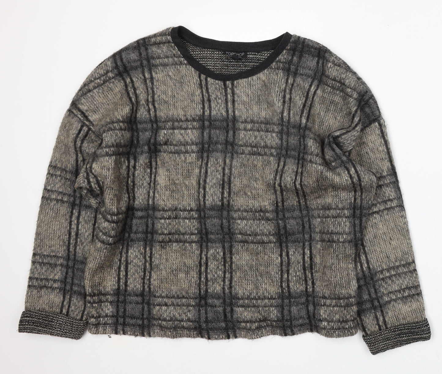Topshop Womens Beige Round Neck Check Acrylic Pullover Jumper Size 14