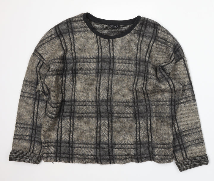 Topshop Womens Beige Round Neck Check Acrylic Pullover Jumper Size 14