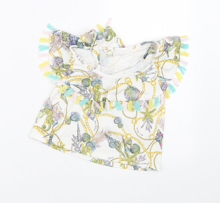 River Island Girls White Geometric Polyester Tunic T-Shirt Size 2-3 Years Round Neck  - Sea Creatures Assymetrical